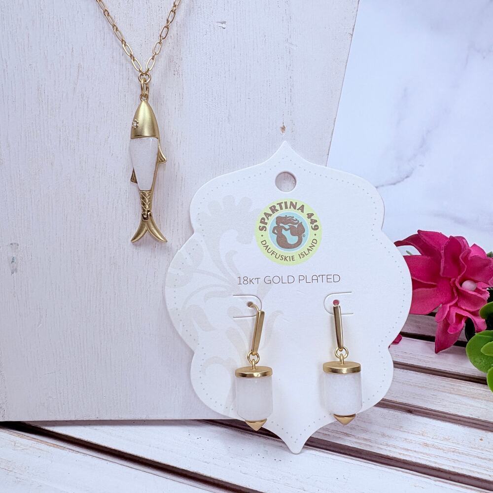 Spartina 449 Jewelry Set Gold Drop Earrings Fishy Necklace Coastal Chic Nautical